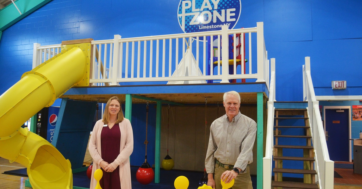 Christie Thornton, YMCA executive director, with Skip Wilday, CRCF board president and YMCA board member, at the Limestone YMCA PlayZone.